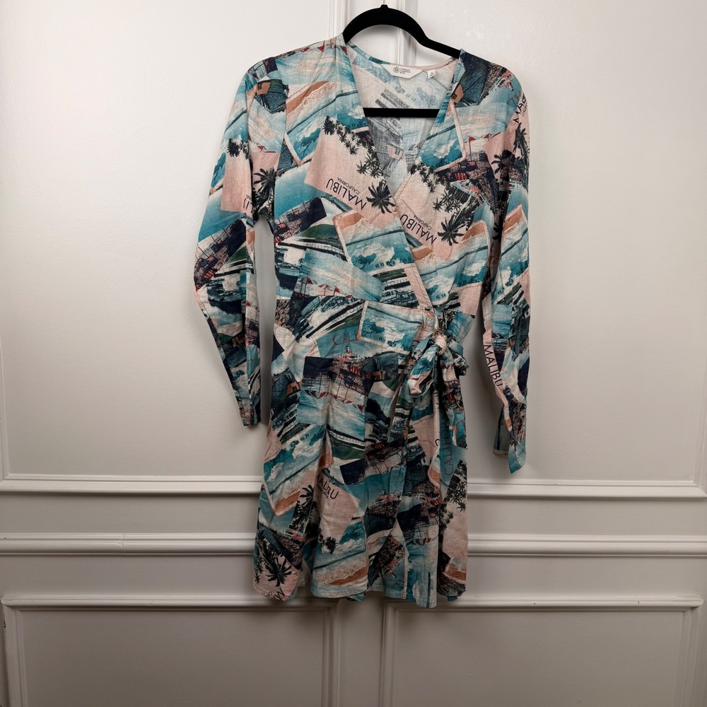 Candace Cameron Bure Malibu California Postcard Print Linen Blend Wrap Dress S